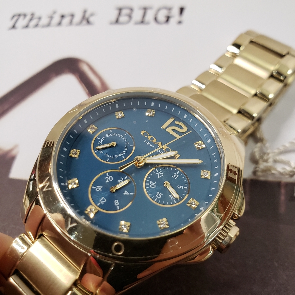 Coach NY SS Gold Blue Men's Large Dated Watch